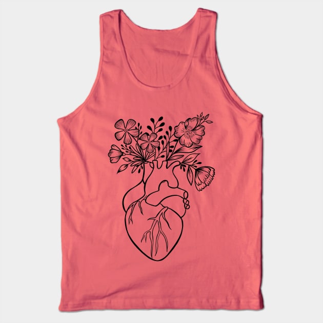 Floral Human Heart Anatomy | Line Art Tank Top by Lizzamour